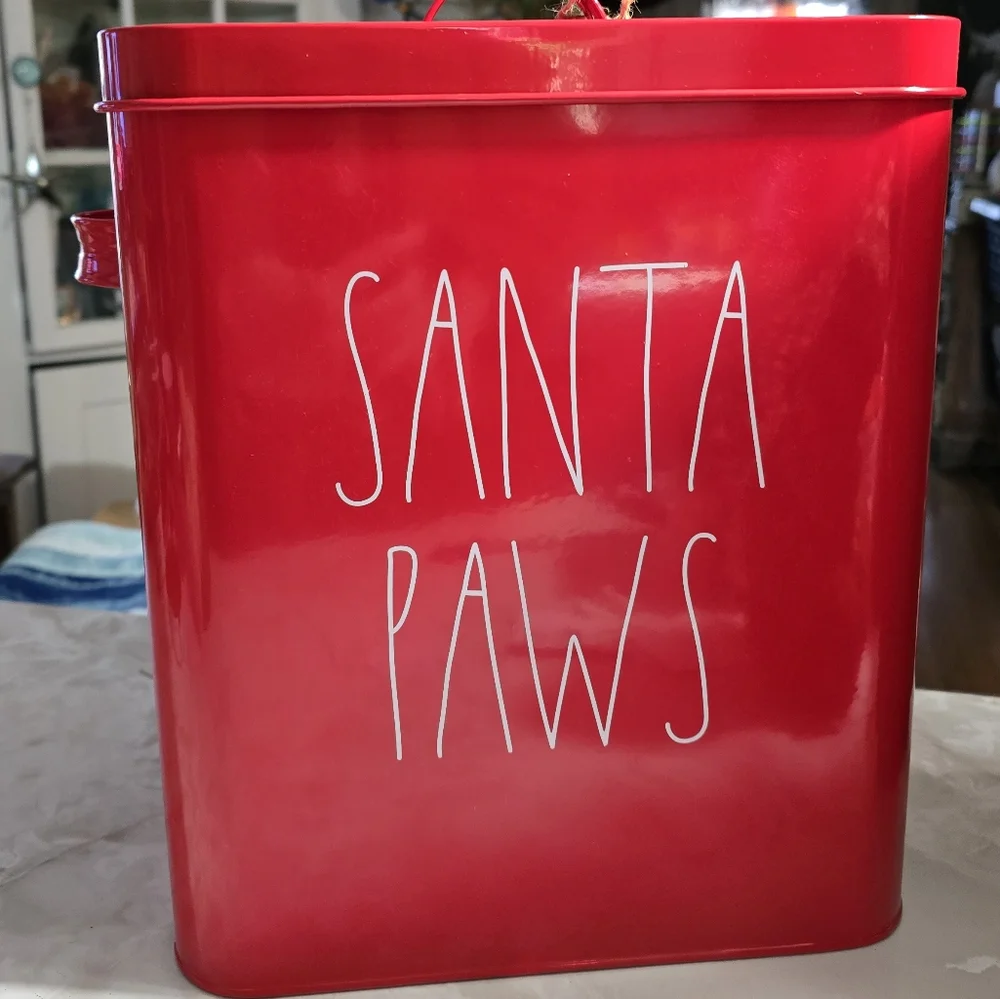 Rae Dunn Artisan SANTA PAWS Red Tin Dog Cat food storage toys collars